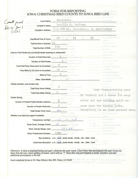 Iowa Christmas bird counts of species found in Swaledale contributed by Lucille M. Gaffney, December 29, 1988. This item was used as supporting documentation for the Iowa Ornithologists' Union Quarterly field report of winter 1988-1989.