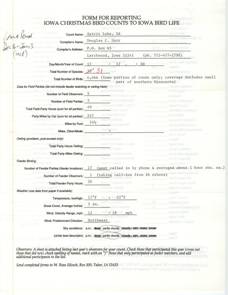 Iowa Christmas bird counts of species found in Swaledale contributed by Douglas C. Harr, December 17, 1988. This item was used as supporting documentation for the Iowa Ornithologists' Union Quarterly field report of winter 1988-1989.