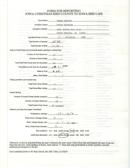 Iowa Christmas bird counts of species found in Cedar Rapids contributed by Peter P. Wickham, December 17, 1988. This item was used as supporting documentation for the Iowa Ornithologists' Union Quarterly field report of winter 1988-1989.
