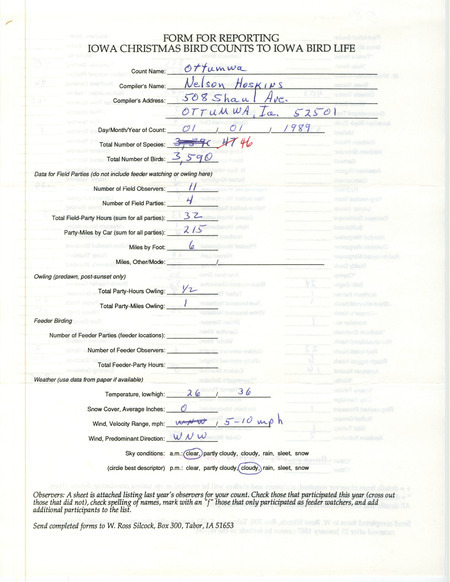 Iowa Christmas bird counts of species found in Ottumwa contributed by Nelson R. Hoskins, January 1, 1989. This item was used as supporting documentation for the Iowa Ornithologists' Union Quarterly field report of winter 1988-1989.