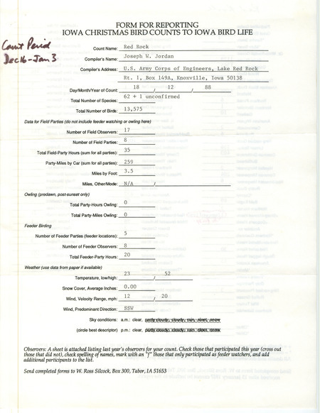 Iowa Christmas bird counts of species found at Lake Red Rock contributed by Joseph W. Jordan, December 18, 1988. This item was used as supporting documentation for the Iowa Ornithologists' Union Quarterly field report of winter 1988-1989.