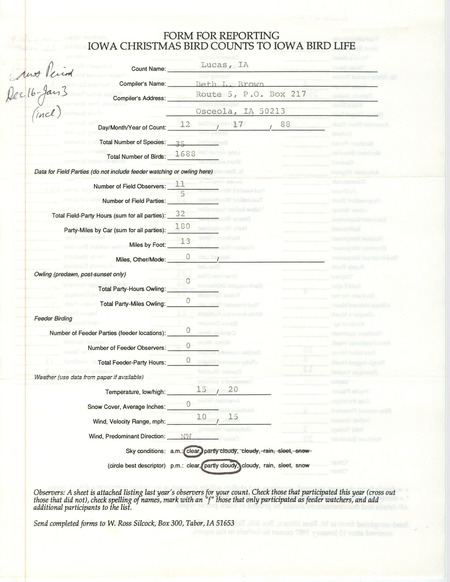 Iowa Christmas bird counts of species found in Lucas contributed by Beth Brown, December 17, 1988. This item was used as supporting documentation for the Iowa Ornithologists' Union Quarterly field report of winter 1988-1989.