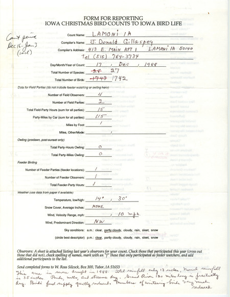 Iowa Christmas bird counts of species found in Lamoni contributed by J. Donald Gillaspey, December 17, 1988. This item was used as supporting documentation for the Iowa Ornithologists' Union Quarterly field report of winter 1988-1989.
