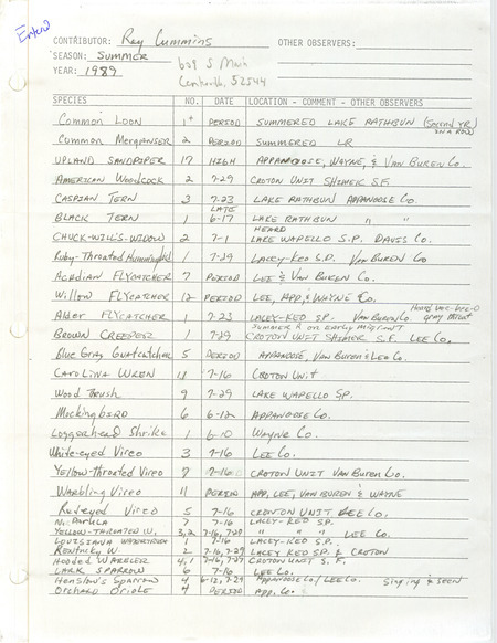 Summer report of bird found in southeast Iowa contributed by Raymond L. Cummins. This item was used as supporting documentation for the Iowa Ornithologists' Union Quarterly field report of summer 1989.