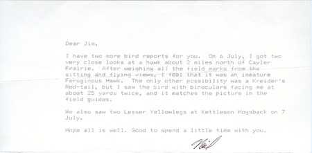 Letter from Neil Bernstein to James J. Dinsmore regarding summer bird sightings. This item was used as supporting documentation for the Iowa Ornithologists' Union Quarterly field report of summer 1989.