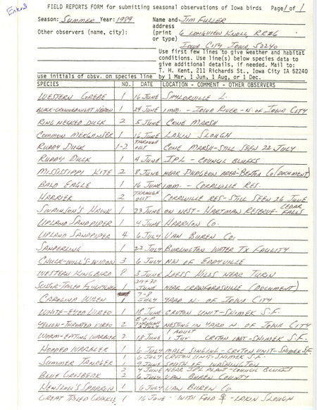 Summer report of birds and locations contributed by James L. Fuller. This item was used as supporting documentation for the Iowa Ornithologists' Union Quarterly field report of summer 1989.