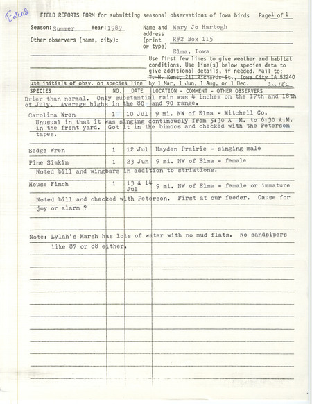 Summer report of birds found in and around Elma contributed by Mary Jo Hartogh. This item was used as supporting documentation for the Iowa Ornithologists' Union Quarterly field report of summer 1989.