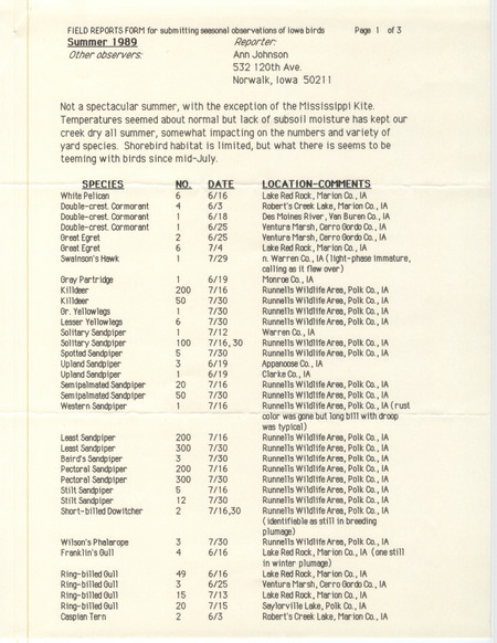 Summer report of birds and locations contributed by Ann Johnson. This item was used as supporting documentation for the Iowa Ornithologists' Union Quarterly field report of summer 1989.