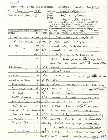 Summer report of birds found in northern Iowa contributed by Matthew Kenne. This item was used as supporting documentation for the Iowa Ornithologists' Union Quarterly field report of summer 1989.
