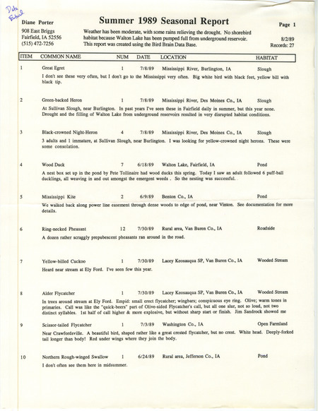 Summer report of birds and locations contributed by Diane C. Porter. This item was used as supporting documentation for the Iowa Ornithologists' Union Quarterly field report of summer 1989.