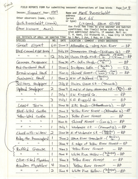Summer report of birds and locations contributed by Mark Proescholdt. This item was used as supporting documentation for the Iowa Ornithologists' Union Quarterly field report of summer 1989.
