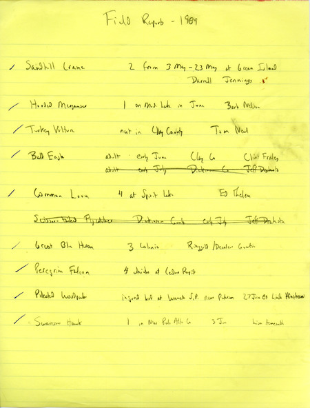 Summer report of birds and locations contributed by multiple observers. This item was used as supporting documentation for the Iowa Ornithologists' Union Quarterly field report of summer 1989.