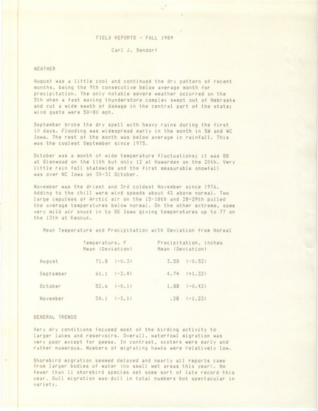 Quarterly field report for the fall of 1989.