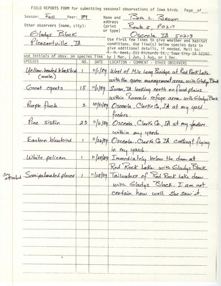 Field reports for fall 1989 submitted by Beth L. Brown with detailed descriptions for field reports. This item was used as supporting documentation for the Iowa Ornithologists' Union Quarterly field report of fall 1989.