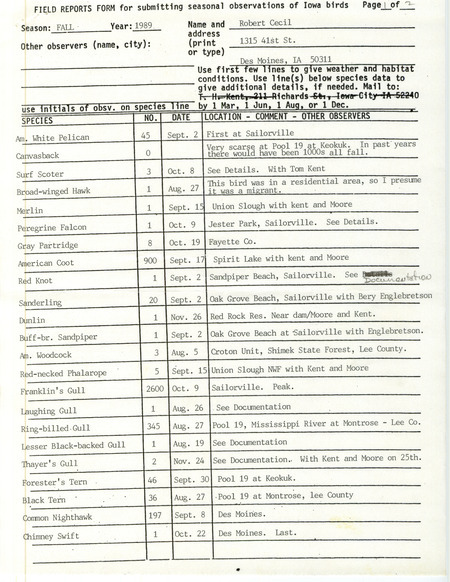 Field Reports for fall 1989 contributed by Robert Cecil with detailed descriptions for some sightings. This item was used as supporting documentation for the Iowa Ornithologists' Union Quarterly field report of fall 1989.