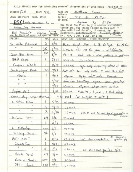 Field reports form by Matthew Kenne for fall 1989. This item was used as supporting documentation for the Iowa Ornithologists' Union Quarterly field report of fall 1989.