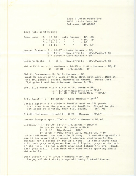 Field reports submitted by Babs and Loren Padelford with several contributors for fall 1989. This item was used as supporting documentation for the Iowa Ornithologists' Union Quarterly field report of fall 1989.