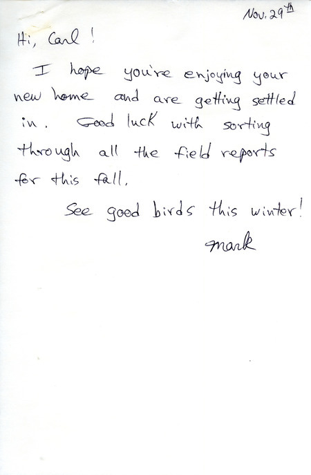 Field reports form for fall 1989 submitted by Mark Proescholdt with several other observers along with an introductory letter. This item was used as supporting documentation for the Iowa Ornithologists' Union Quarterly field report of fall 1989.