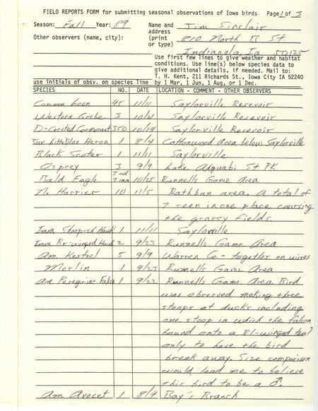 Field reports form submitted by Jim Sinclair for fall 1989 with some detailed descriptions. This item was used as supporting documentation for the Iowa Ornithologists' Union Quarterly field report of fall 1989.