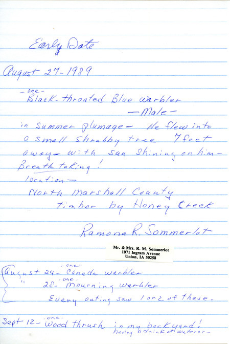 Field reports submitted by Ramona R. Sommerlot for fall 1989 with detailed descriptions. This item was used as supporting documentation for the Iowa Ornithologists' Union Quarterly field report of fall 1989.