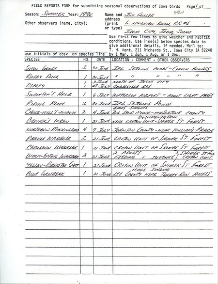 Field reports submitted by Jim Fuller for the summer of 1990. This item was used as supporting documentation for the Iowa Ornithologists' Union Quarterly field report of summer 1990.