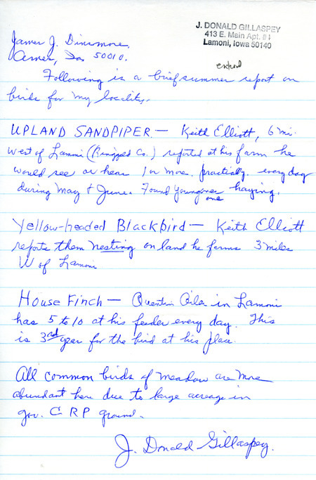 Letter from J. Donald Gillaspey to James Dinsmore about bird sightings in the summer of 1990 for the Lamoni, IA area. This item was used as supporting documentation for the Iowa Ornithologists' Union Quarterly field report of summer 1990.
