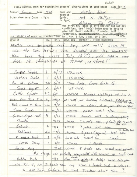 Field reports form submitted by Matthew Kenne for the summer of 1990. This item was used as supporting documentation for the Iowa Ornithologists' Union Quarterly field report of summer 1990.
