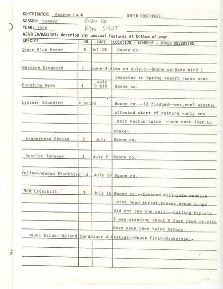 Field reports form submitted by Sharon Laub for the summer of 1990 with additional notes. This item was used as supporting documentation for the Iowa Ornithologists' Union Quarterly field report of summer 1990.
