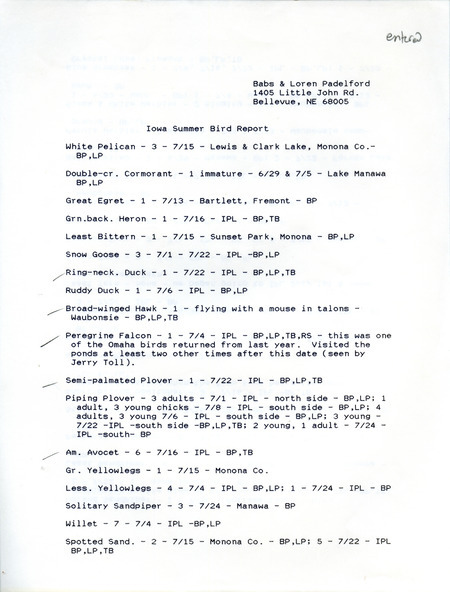 Field reports submitted by Babs and Loren Padelford for the summer 1990 with descriptions of some birds and handwritten notes. This item was used as supporting documentation for the Iowa Ornithologists' Union Quarterly field report of summer 1990.