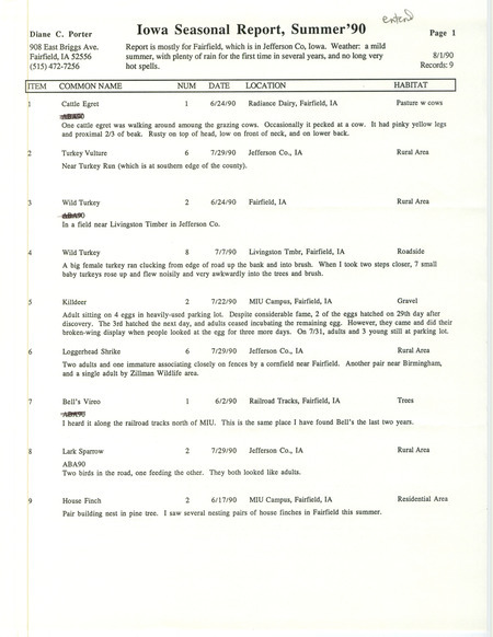 Field reports submitted by Diane C. Porter for summer 1990 with some detail for the sightings. This item was used as supporting documentation for the Iowa Ornithologists' Union Quarterly field report of summer 1990.