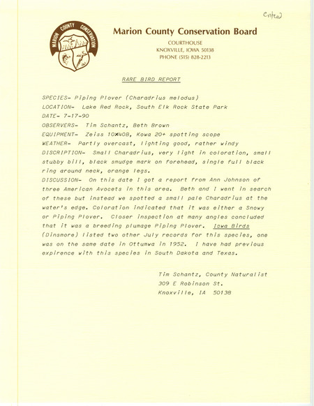 Detailed field reports for sighting for a Piping Plover submitted by Tim Schantz on July 17, 1990. This item was used as supporting documentation for the Iowa Ornithologists' Union Quarterly field report of summer 1990.