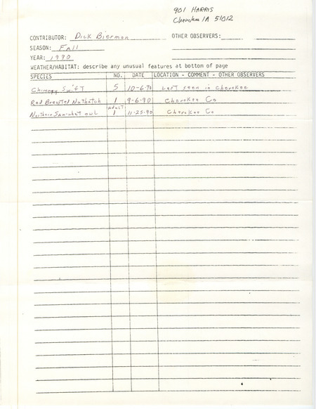 Field reports form submitted by Dick Bierman for fall 1990. This item was used as supporting documentation for the Iowa Ornithologists' Union Quarterly field report of fall 1990.