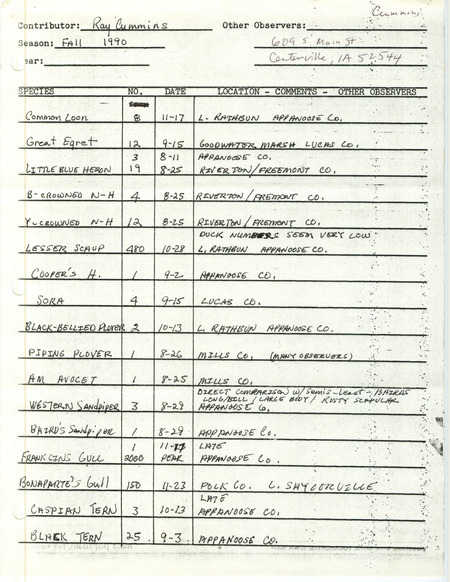 Field reports submitted by Ray Cummins for fall 1990. This item was used as supporting documentation for the Iowa Ornithologists' Union Quarterly field report of fall 1990.