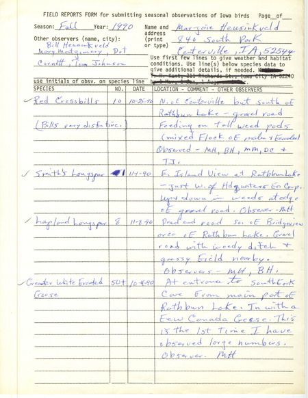 Field reports submitted by Marjorie Heusinkveld with several observers and detailed sight notes for fall 1990. This item was used as supporting documentation for the Iowa Ornithologists' Union Quarterly field report of fall 1990.