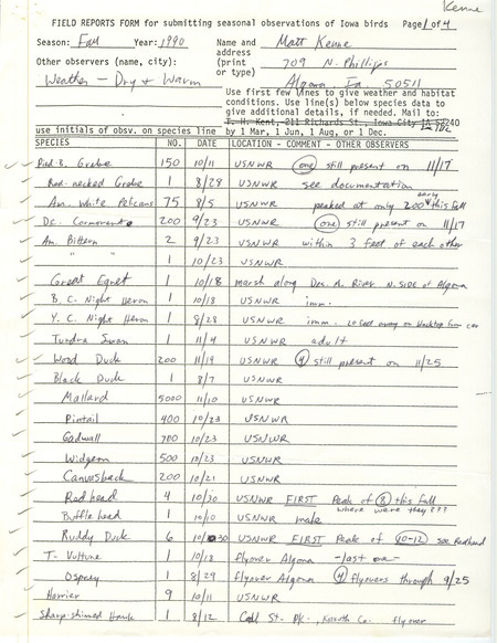 Field reports submitted by Matt Kenne for fall 1990 with detailed discussion of Red-tailed and Harlan's Red-tailed Hawks as well as Prairie Falcons and Yellow-rumped Warblers. This item was used as supporting documentation for the Iowa Ornithologists' Union Quarterly field report of fall 1990.