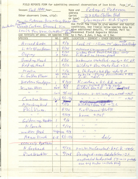 Field reports submitted by Peter C. Petersen with several contributors for fall 1990. This item was used as supporting documentation for the Iowa Ornithologists' Union Quarterly field report of fall 1990.