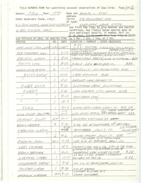 Field reports with some detail about sightings and not on birding for the season in general submitted by Doug Rose with several contributors for fall 1990. This item was used as supporting documentation for the Iowa Ornithologists' Union Quarterly field report of fall 1990.