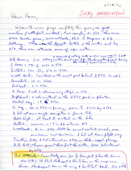 Field reports in the form of a letter from Bery Engebretsen to Ross Silcock sent on February 24, 1992. This item was used as supporting documentation for the Iowa Ornithologists' Union Quarterly field report of winter 1991-1992.