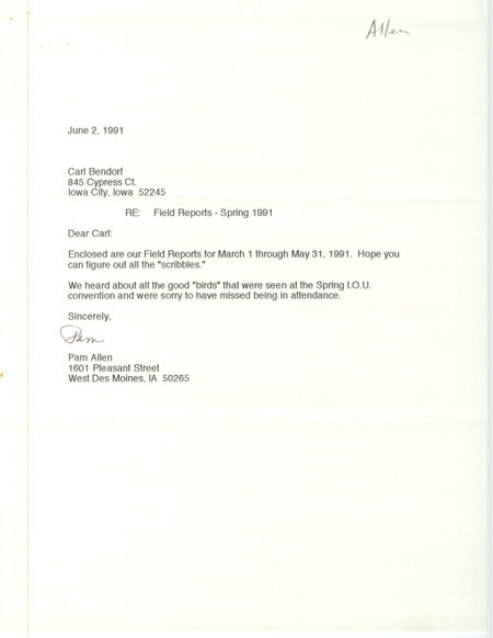Field reports with detail for some sighting with annotations submitted by Pam and Reid Allen and a letter submitted by Pam Allen to Carl Bendorf on June 2, 1991. This item was used as supporting documentation for the Iowa Ornithologists' Union Quarterly field report of spring 1991.