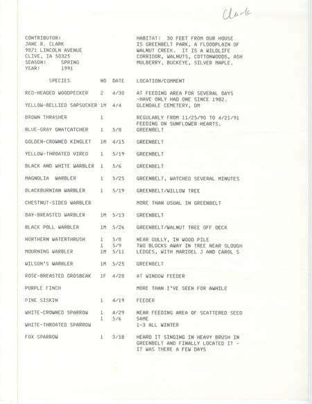 Field reports with information about habitat and location submitted by Jane R. Clark for spring 1991. This item was used as supporting documentation for the Iowa Ornithologists' Union Quarterly field report of spring 1991.