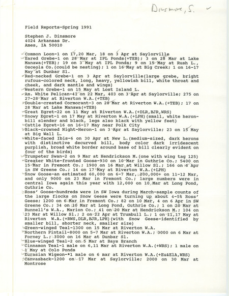 Field reports submitted by Stephen J. Dinsmore for spring 1991. This item was used as supporting documentation for the Iowa Ornithologists' Union Quarterly field report of spring 1991.