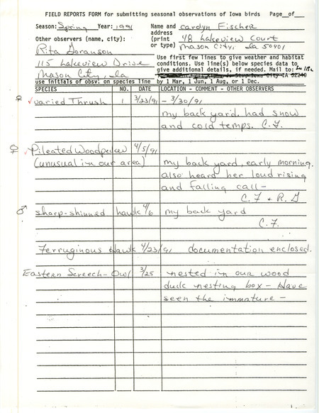Field reports form with detailed sight description submitted by Carolyn Fischer with contributions by Rita Goranson for spring 1991. This item was used as supporting documentation for the Iowa Ornithologists' Union Quarterly field report for spring 1991.