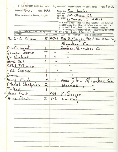 Field reports submitted by Fred Lesher for spring 1991. This item was used as supporting documentation for the Iowa Ornithologists' Union Quarterly field report of spring 1991.