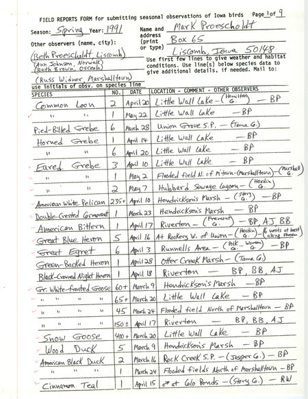 Field reports form with few detailed descriptions of bird sightings submitted by Mark Proescholdt with several observers for spring 1991. This item was used as supporting documentation for the Iowa Ornithologists' Union Quarterly field report of spring 1991.
