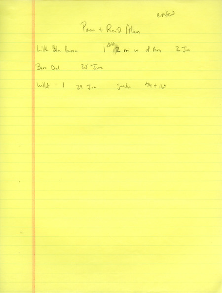 List of birds and locations contributed by Pam Allen and Reid I. Allen. This item was used as supporting documentation for the Iowa Ornithologists Union Quarterly field report of summer 1991.