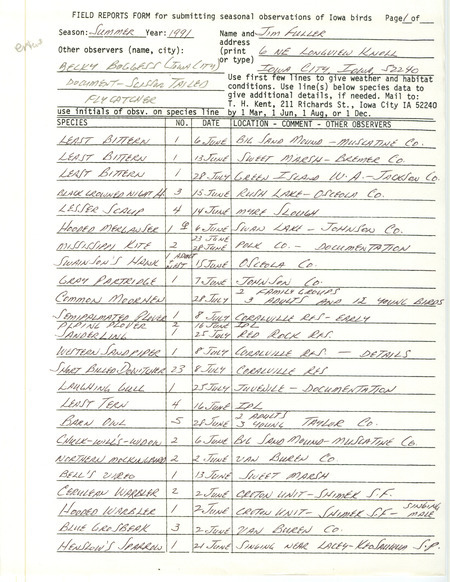 List of birds and locations contributed by James L. Fuller with observer Becky Boggess. This item was used as supporting documentation for the Iowa Ornithologists Union Quarterly field report of summer 1991.