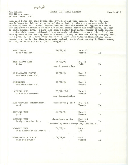 List of birds and locations contributed by Ann Johnson with observer David Youngblut. This item was used as supporting documentation for the Iowa Ornithologists Union Quarterly field report of summer 1991.