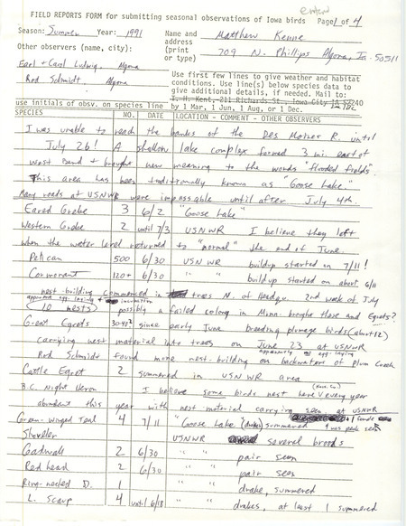 List of birds and locations contributed by Matthew Kenne with observers Earl Ludwig, Carole Ludwig and Rod Schmidt. This item was used as supporting documentation for the Iowa Ornithologists Union Quarterly field report of summer 1991.