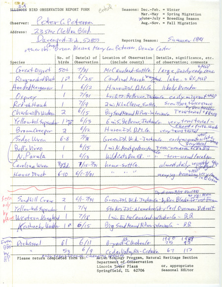 List of birds and locations contributed by Peter C. Petersen with observers Mary Lou Petersen, Brian Blevins, Dennis L. Carter and others. This item was used as supporting documentation for the Iowa Ornithologists' Union Quarterly field report of summer 1991.