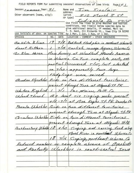 List of birds and locations contributed by Jim Sinclair. This item was used as supporting documentation for the Iowa Ornithologists' Union Quarterly field report of summer 1991.